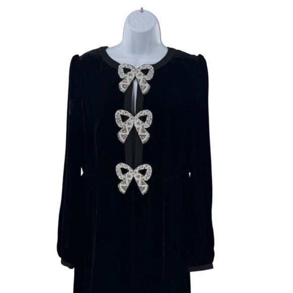 Saloni NEW Velvet Camille Bows Long Sleeve Formal Elegant Midi Dress Size 2 - Picture 6 of 12